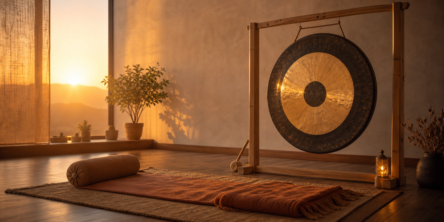 Sala de meditación con un gong preparado para una sesión de baño sonoro