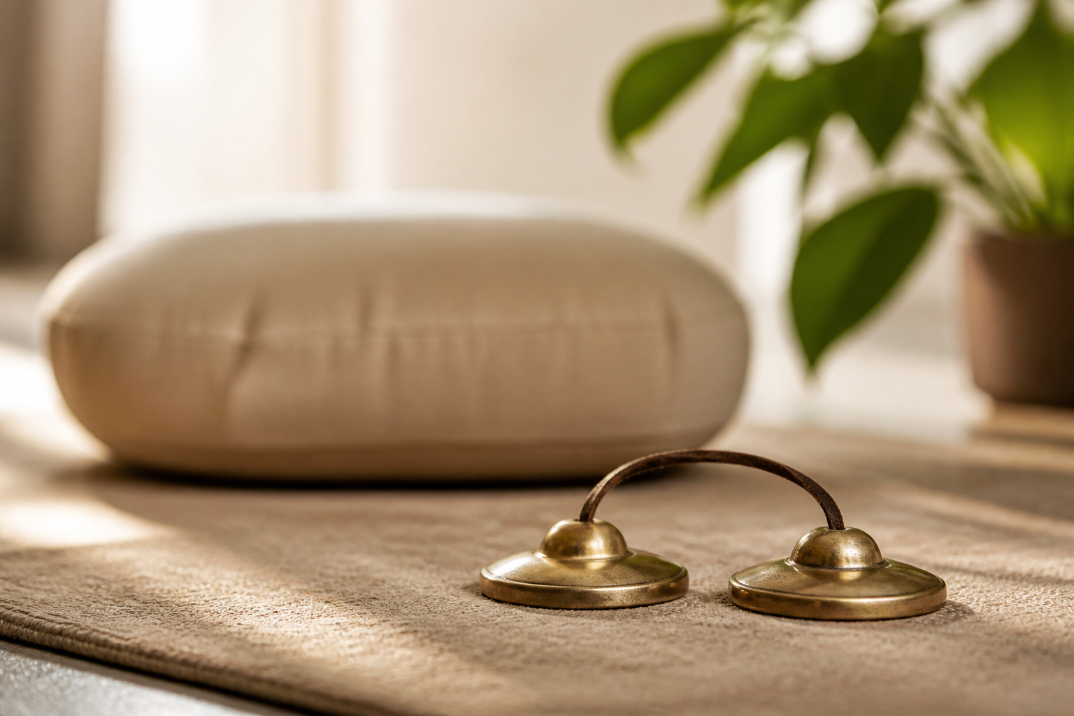 Tingshas o platillos tibetanos de bronce sobre una esterilla de meditación